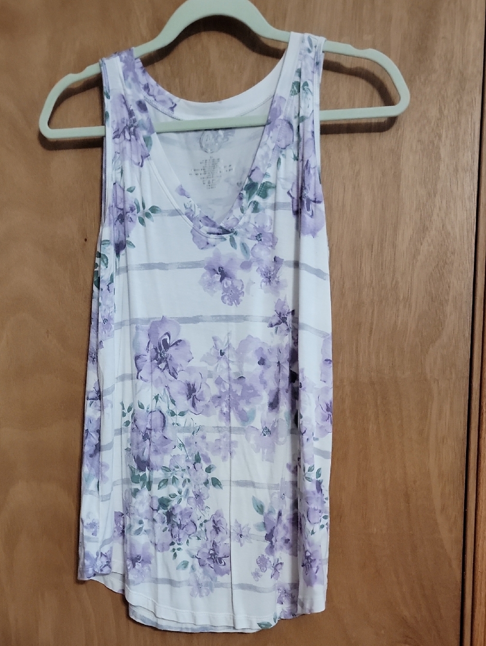 Women's White Tank Top with Lavender Floral Pattern - V-Neck